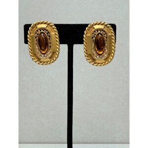 1928 Victorian Revival Style Earrings Amber Gripoix Cabochon Large Rectangle